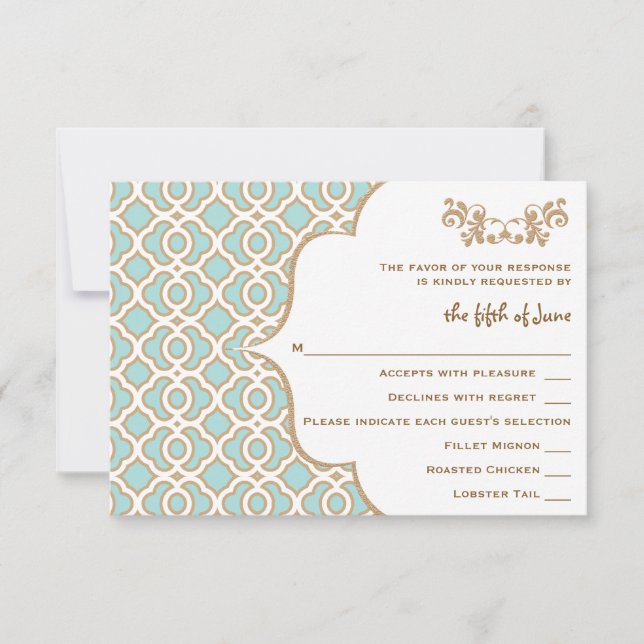 Eggshell Blue Gold marokkanische Hochzeitskarten RSVP Karte (Vorderseite)