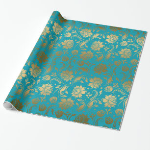 EGold & Turquoise Blauer Blumenmuster Geschenkpapier
