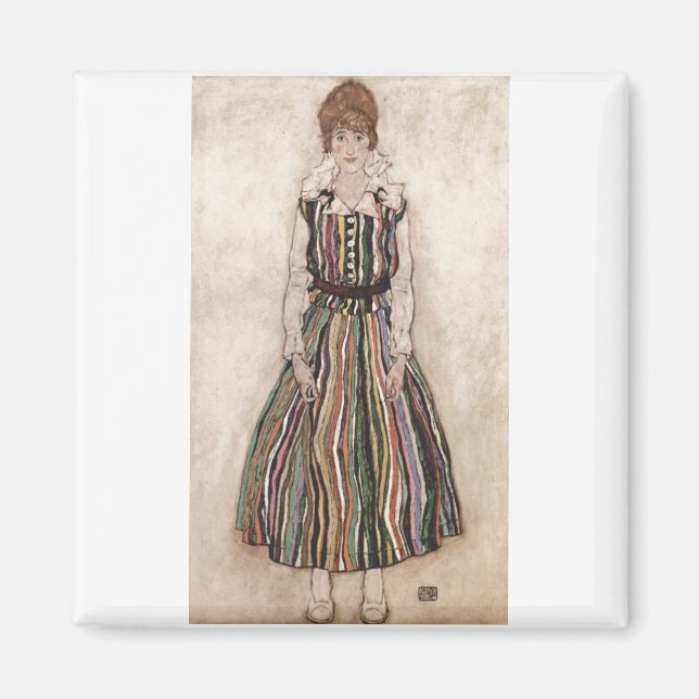 Egon Schiele - Edith Schiele im Stripkleid 1915 Magnet (Vorne)