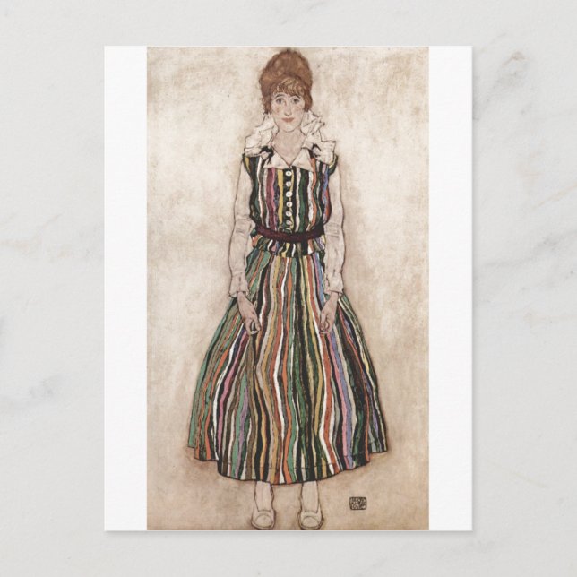 Egon Schiele - Edith Schiele im Stripkleid 1915 Postkarte (Vorderseite)