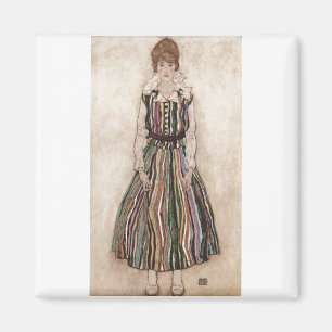 Egon Schiele - Edith Schiele in gestreiftem Kleid Magnet