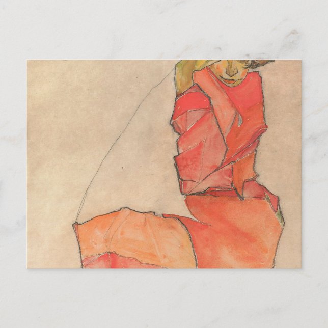 Egon Schiele - Kneeling Female in Orange-Rot-Kleid Postkarte (Vorderseite)