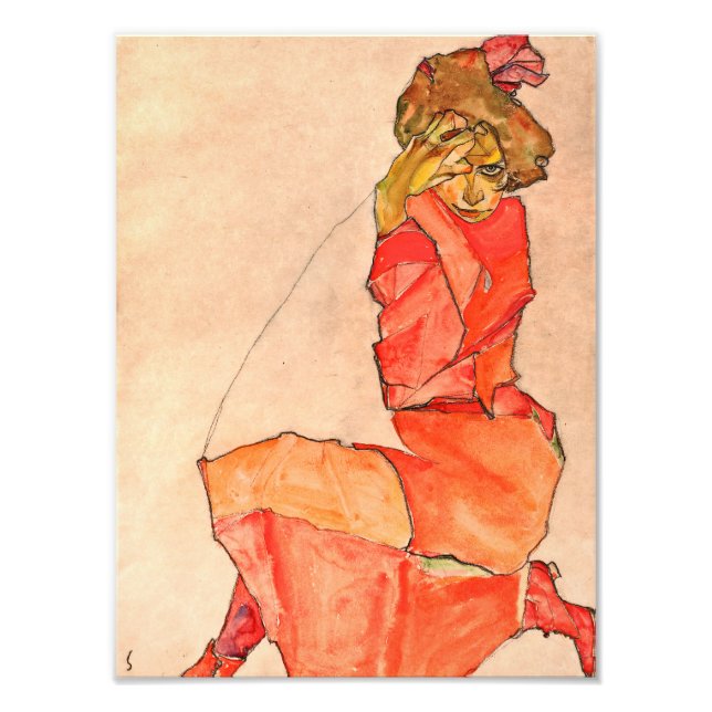 Egon Schiele - Knetfrau in orangefarbenem Kleid Fotodruck (Vorne)