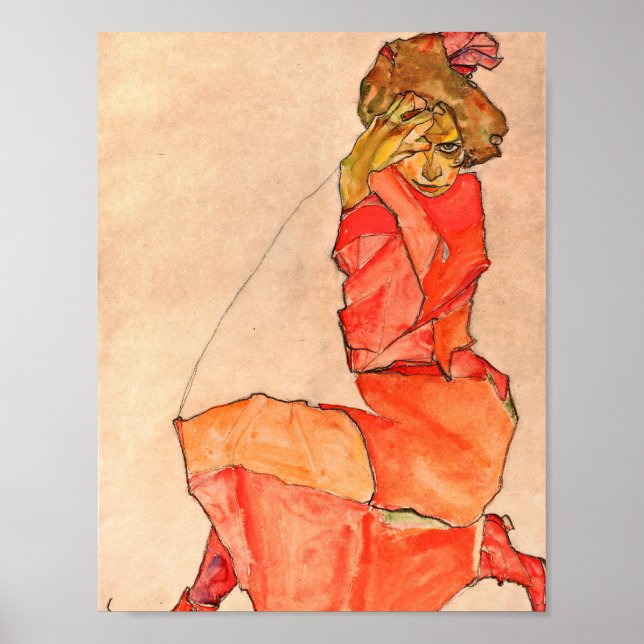 Egon Schiele - Knetfrau in orangefarbenem Kleid Poster (Vorne)