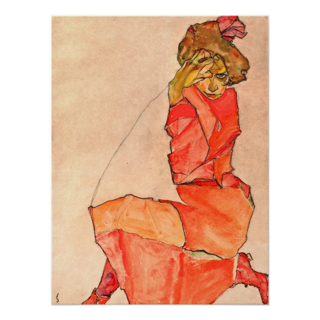 Egon Schiele - Knetfrau in orangefarbenem Kleid Poster (Vorderseite)