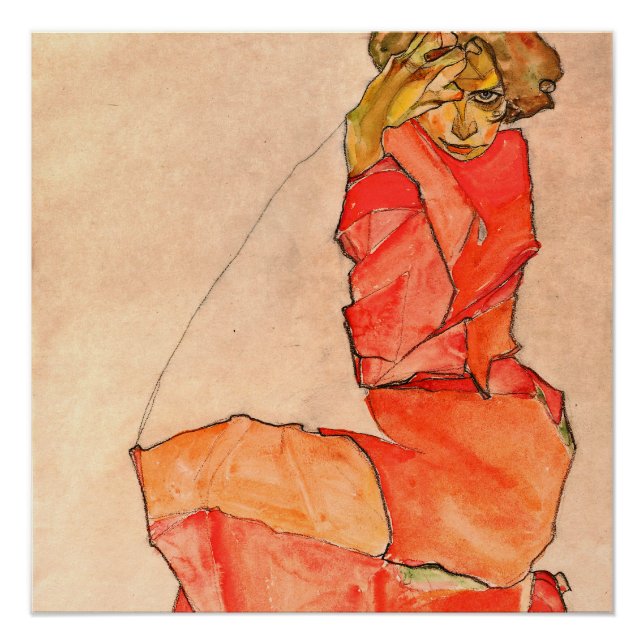 Egon Schiele - Knetfrau in orangefarbenem Kleid Poster (Vorderseite)