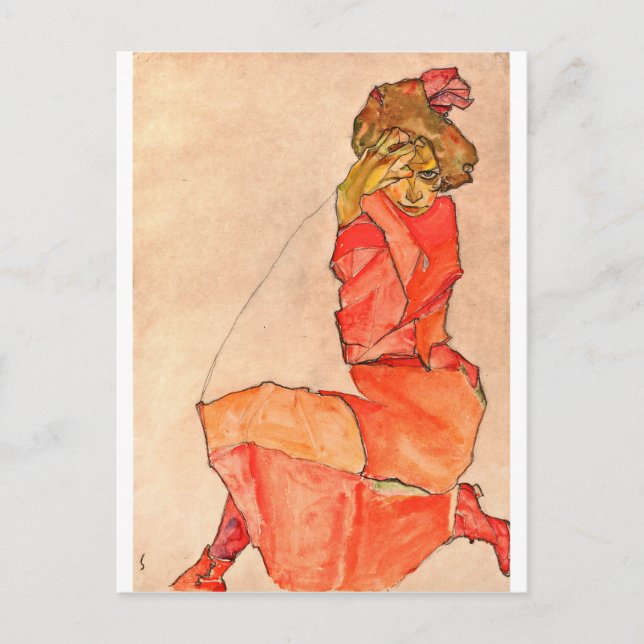 Egon Schiele - Knetfrau in orangefarbenem Kleid Postkarte (Vorderseite)