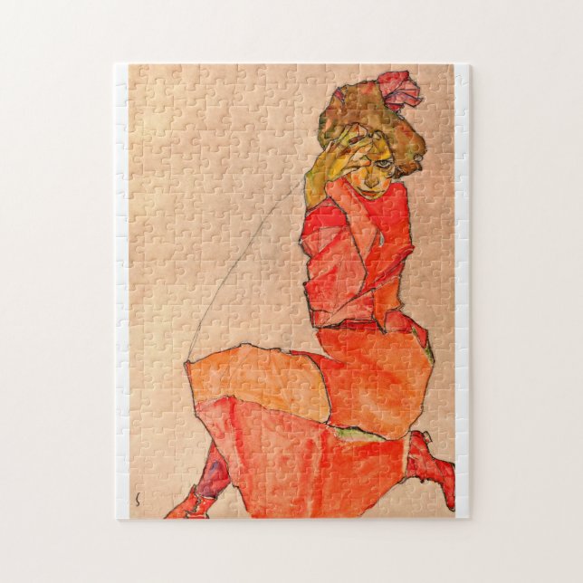 Egon Schiele - Knetfrau in orangefarbenem Kleid Puzzle (Vertikal)