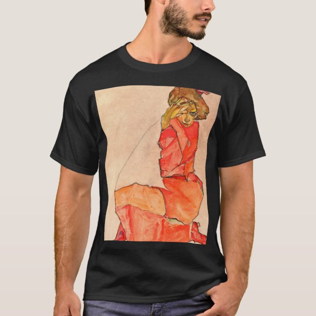 Egon Schiele - kniende Frau im orange Rot-Kleid T-Shirt (Vorderseite)