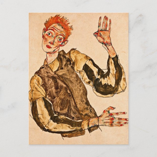 Egon Schiele - Selbstportrait mit gestreiften Armb Postkarte (Vorderseite)