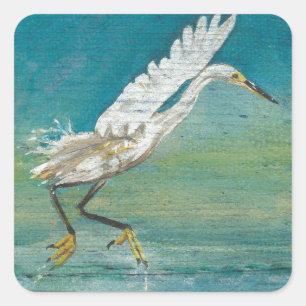 Egret Coastal Bird Ocean Lake Painting Quadratischer Aufkleber