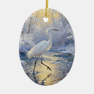 Egret in snowy winter keramik ornament