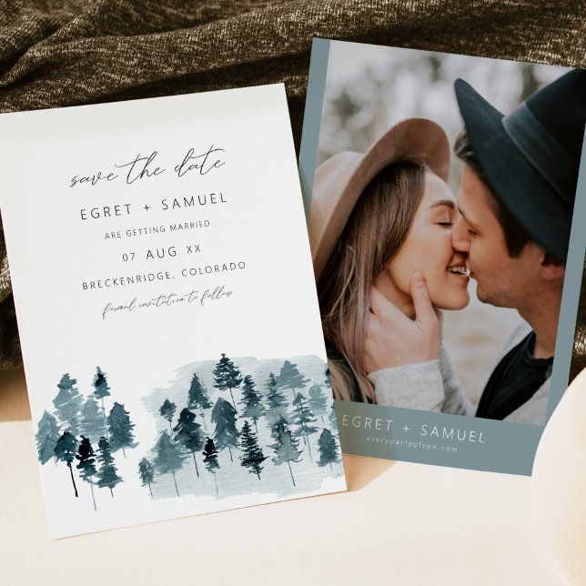 EGRET Slate Blue Watercolor Pine Save the Date Einladung (Von Creator hochgeladen)