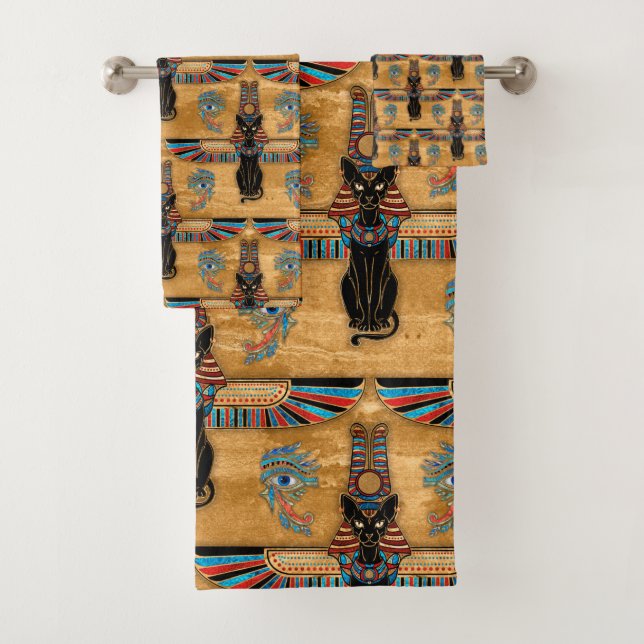 Egyptian Cats and Eye of Horus pattern Badhandtuch Set (Insitu)