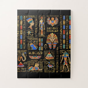 Egyptian hieroglyphs and deities on black puzzle