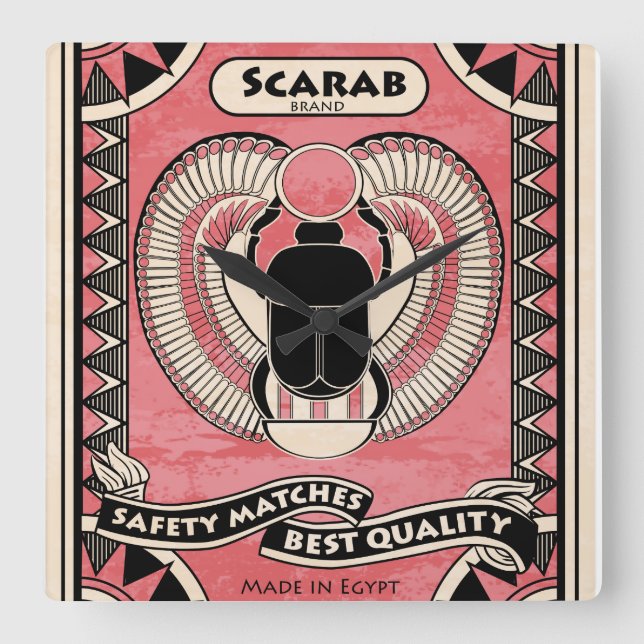 Egyptian Scarab Beetle Matchbox Art Clock Quadratische Wanduhr (Vorderseite)