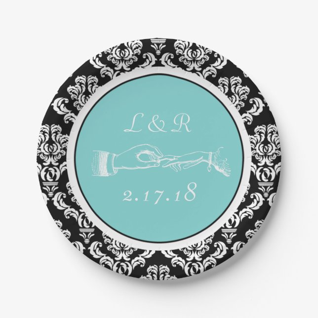 Ehe Black Damask Aqua Papierplatte Pappteller (Vorderseite)