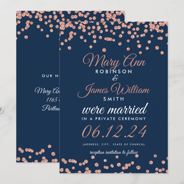Ehe Elopement Rose Gold Glitzer Confetti Marine Einladung (Vorne/Hinten)