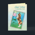 Ehefrau, alles Gute zum Geburtstag mit einer Karte<br><div class="desc">Katzen eines spielen niedliche Kalikos am Jagen eines gelben Schmetterlinges,  der auf einer Roten Rose gelandet ist. Eine spezielle Extrakarte für einen Katzenliebhaber. Copyright Norma Cornes.</div>