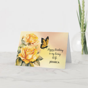 Ehefrau Birthday Yellow Roses Monarch Butterfly Karte