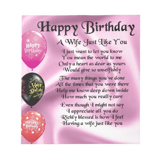 Ehefrau Gedicht - Happy Birthday Design Notizblock (Vorderseite)