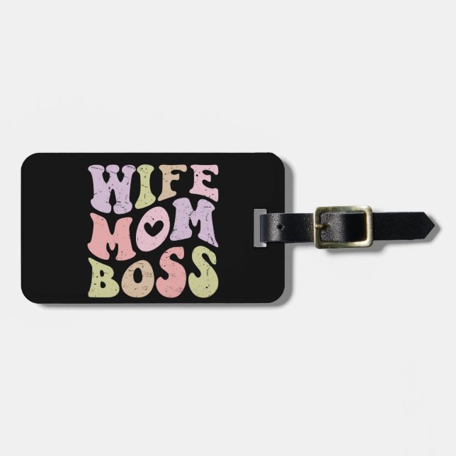 Ehefrau Mama Boss Retro Groovy Mutter Tag Schwarz Gepäckanhänger (Vorderseite horizontal)