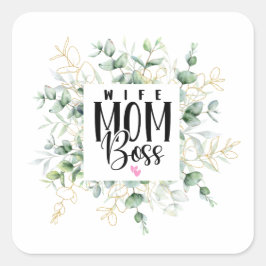 Ehefrau Mama Chef Wasser Farbe Blätter Mutter Tag Quadratischer Aufkleber