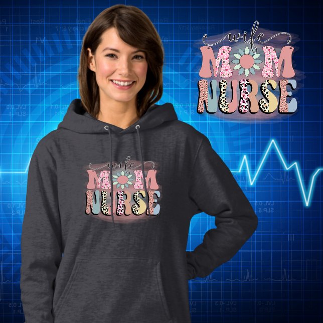 Ehefrau Mama Nurse Retro Leopard Drucktypografie Hoodie (Wife Mom Nurse Groovy Vintage Retro Leopard Print Typography with Flower Nurse Life Hoodie)