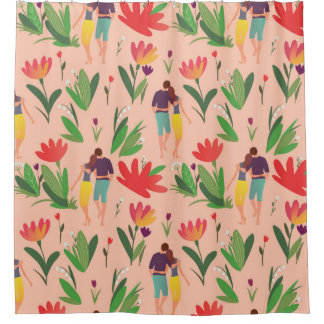 Ehepaar in der Liebe geht zwischen Blume Duschvorhang