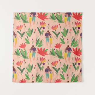 Ehepaar in der Liebe geht zwischen Blume Wandteppich