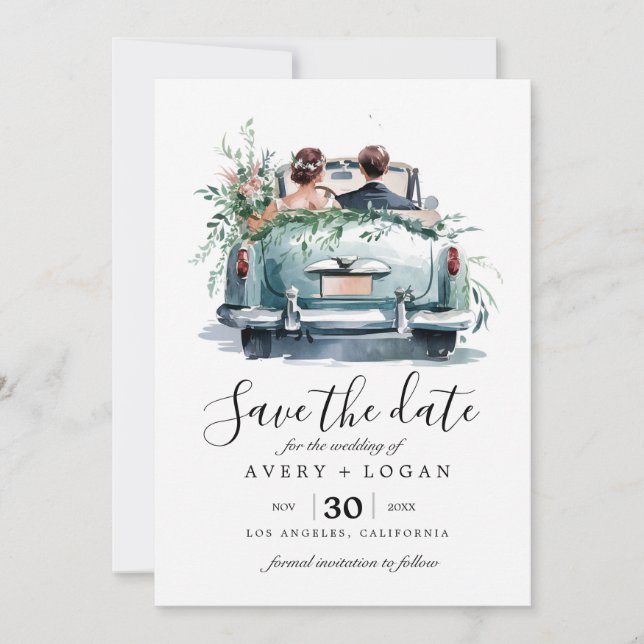 Ehepaar mit Oldtimer-Aquarell Save the Date Einladung (Vorderseite)