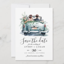 Ehepaar mit Oldtimer-Aquarell Save the Date