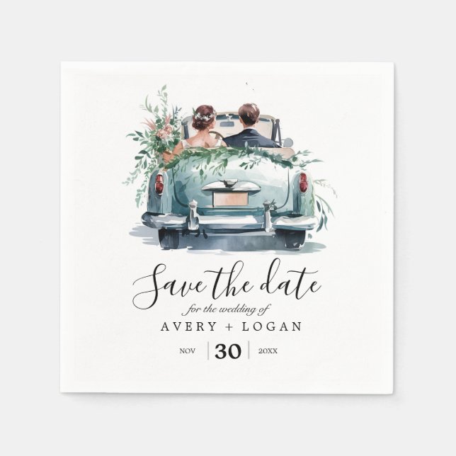 Ehepaar mit Oldtimer-Aquarell Save the Date Serviette (Vorderseite)