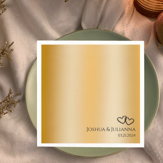 Ehepaare heißen Herz Golden 50. Jubiläum Party Serviette (Couple's name and date custom napkins with faux gold gradient background, unique hearts modern party)