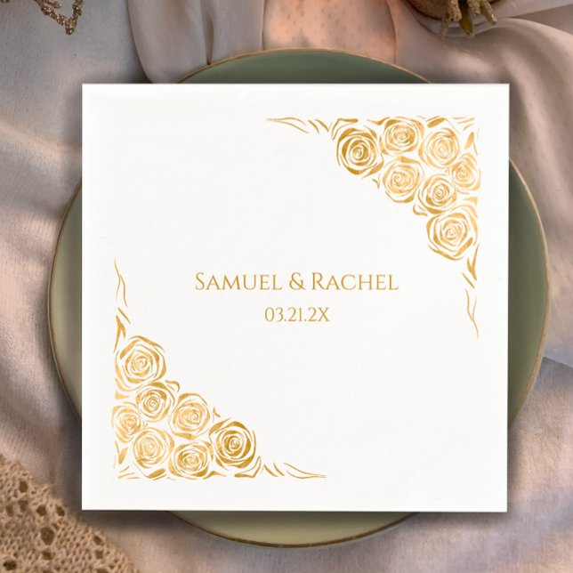 Ehepaare mit Namen Datum handgezogene Gold-Rose Ho Serviette (Personalize these hand drawn roses overlaid with a golden gradient. Chic and unique wedding napkins.)