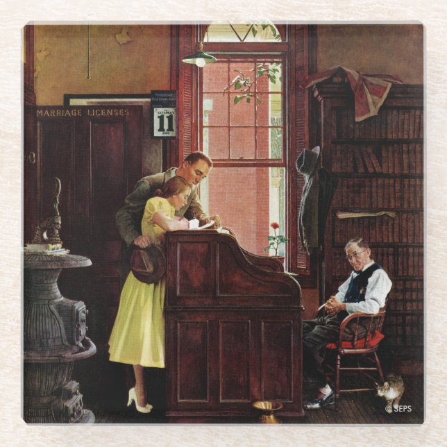 Eheschließungslizenz von Norman Rockwell Glasuntersetzer (Vorderseite)