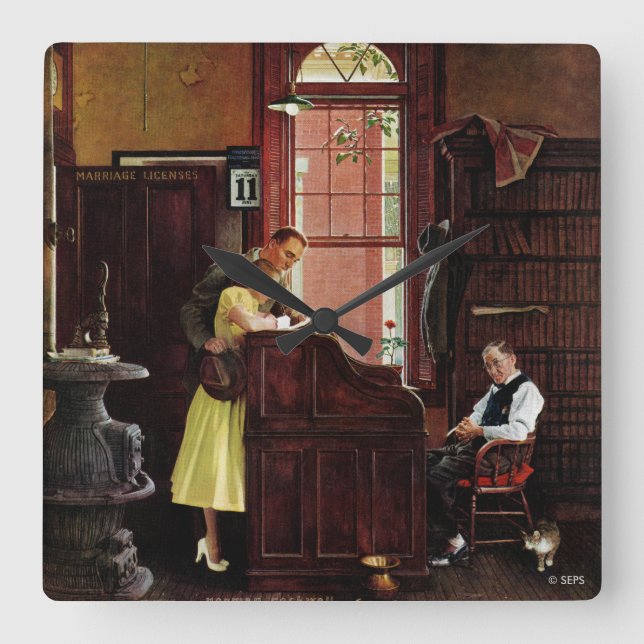 Eheschließungslizenz von Norman Rockwell Quadratische Wanduhr (Vorderseite)