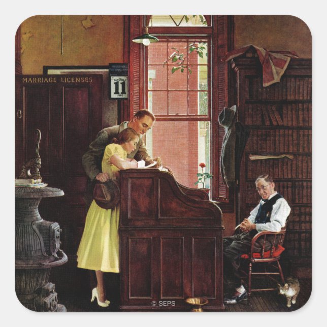 Eheschließungslizenz von Norman Rockwell Quadratischer Aufkleber (Vorderseite)