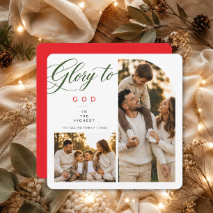 Ehre sei Gott Rot Grün Religiöse 2-Foto-Weihnachte Feiertagskarte