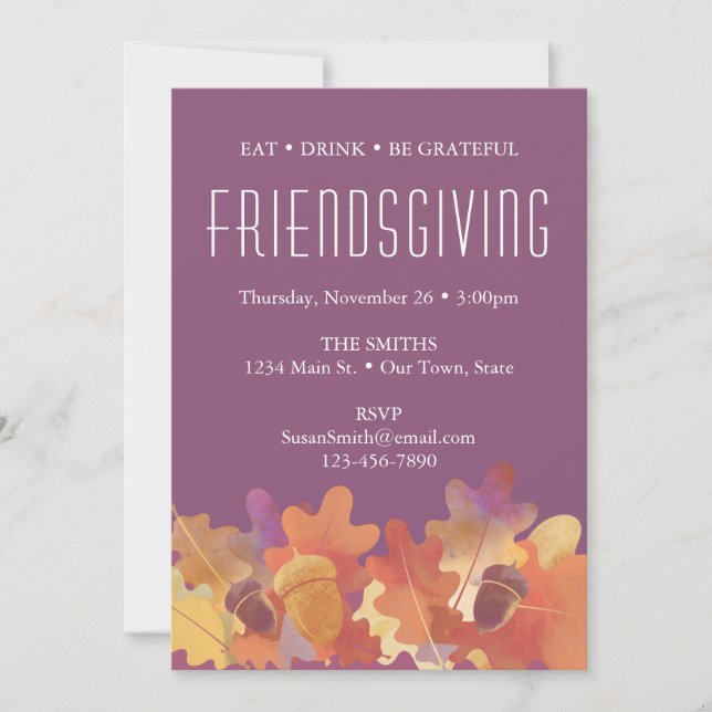 Eichen-Blätter & Acorn-Erntedank in Lila & orange Ankündigung (Vorderseite)