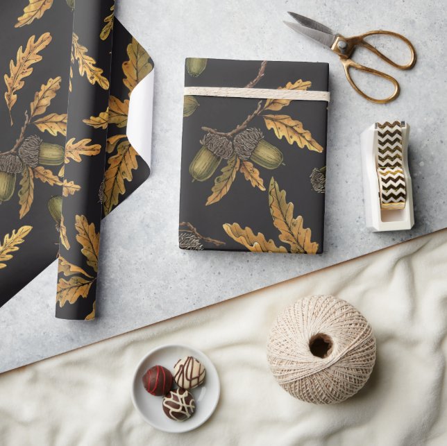 Eichen und Blätter auf schwarz Geschenkpapier (Basteln)