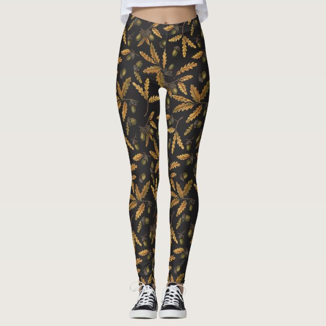 Eichen und Blätter auf schwarz Leggings (Vorderseite)