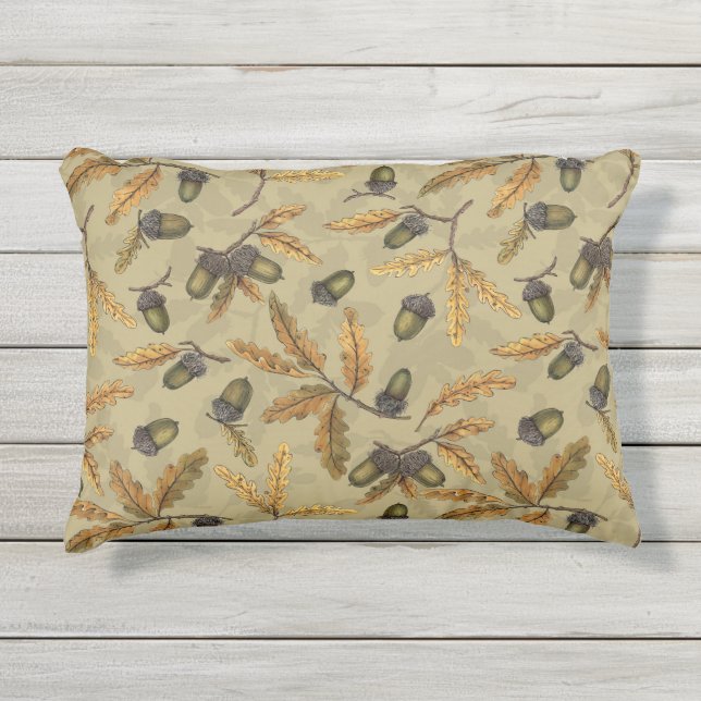 Eichen und Eichen-Blätter auf Ekru Kissen Für Draußen (Vorderseite)