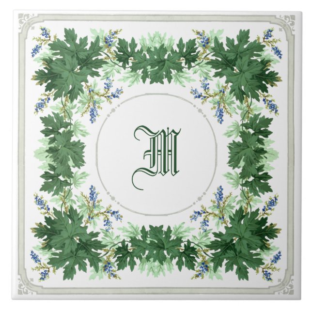 Eichenlaub- und Beeren-Kranzrand-Monogramm Fliese (Vorderseite)