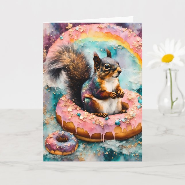 Eichhörnchen auf dem Floating Glazed Donut Funny S Karte (Kleine Pflanze)