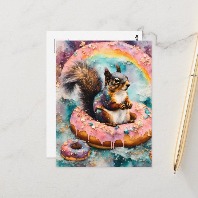 Eichhörnchen auf dem Floating Glazed Donut Funny S Postkarte (Vorderseite/Rückseite Beispiel)