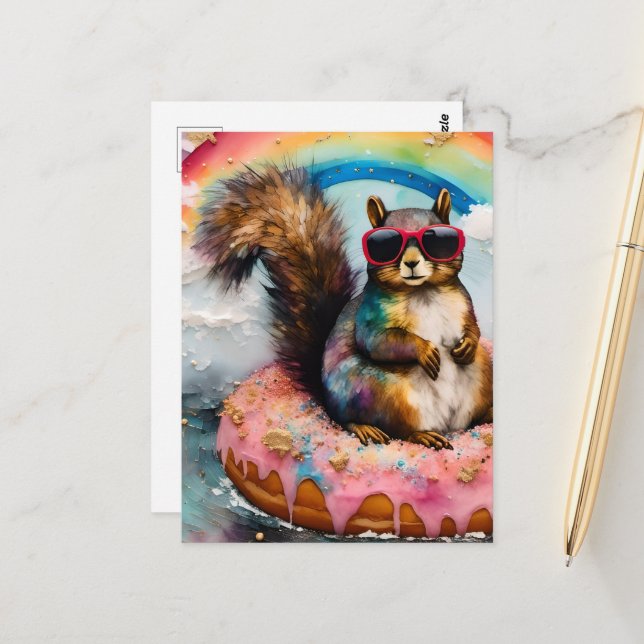 Eichhörnchen auf dem Floating Glazed Donut Funny S Postkarte (Vorderseite/Rückseite Beispiel)