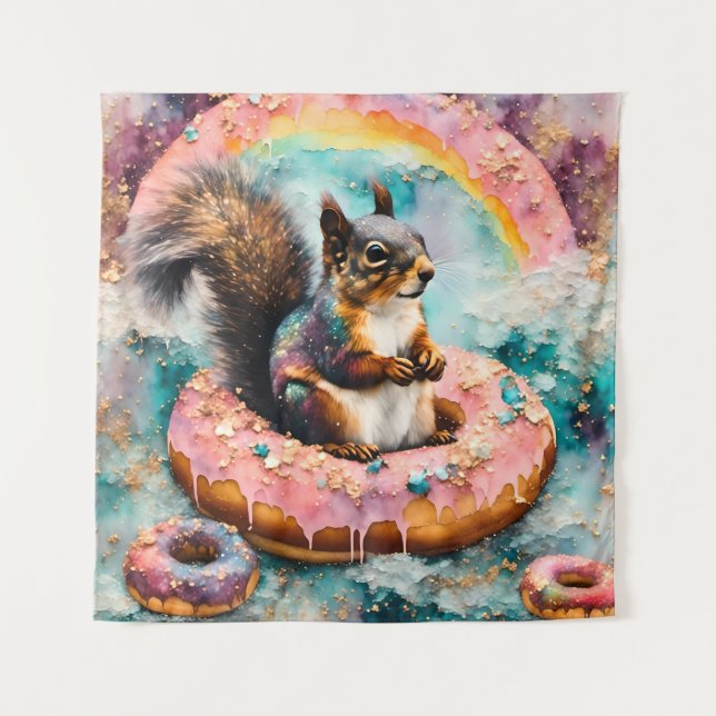 Eichhörnchen auf dem Floating Glazed Donut Funny S Wandteppich (Vorderseite)