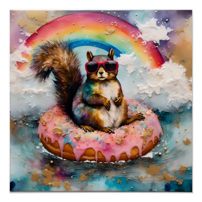Eichhörnchen auf dem Floating Glazed Donut Funny V Poster (Vorderseite)