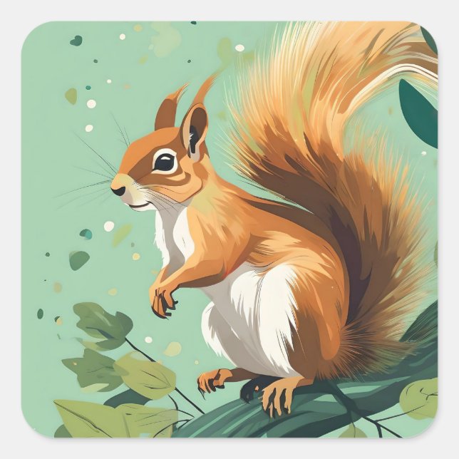 Eichhörnchen auf einem Zweig. Quadratischer Aufkleber (Vorderseite)